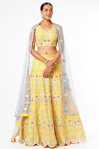 Yellow Raw Silk Embroidered Lehenga by Chamee and Palak