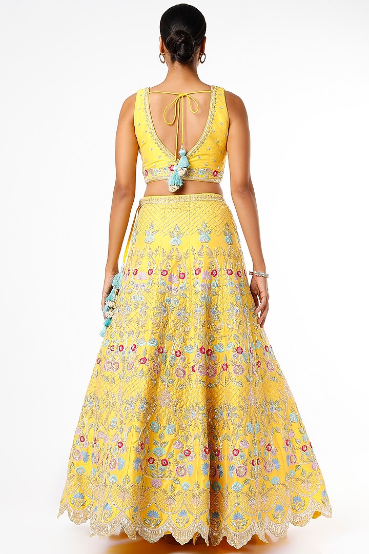 Yellow Raw Silk Embroidered Bridal Lehenga by Chamee and Palak at Pernia's Pop Up Shop