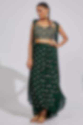 Forest Green Georgette Draped Skirt Set by Chamee and Palak