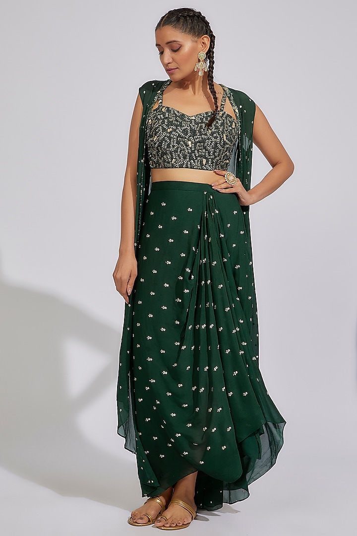 Forest Green Georgette Draped Skirt Set by Chamee and Palak