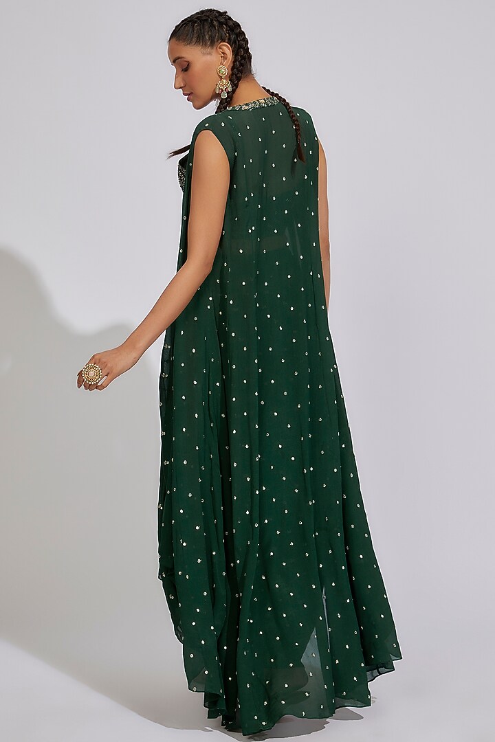 Forest Green Georgette Draped Skirt Set by Chamee and Palak at Pernia's Pop Up Shop