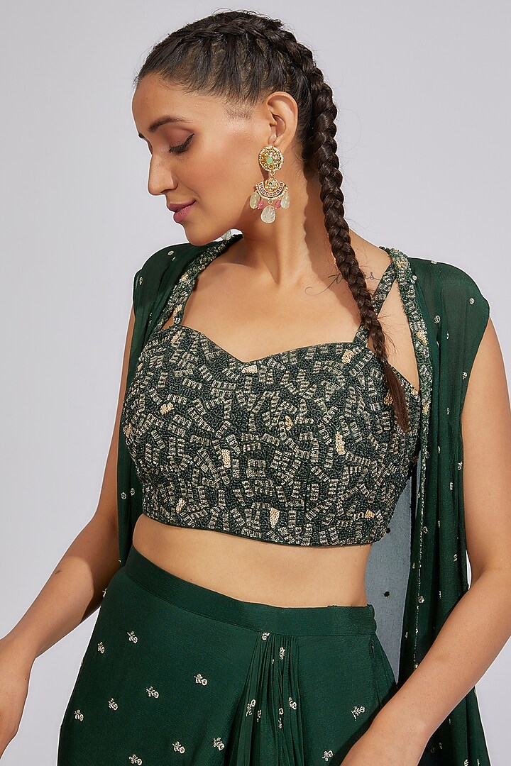 Forest Green Georgette Draped Skirt Set by Chamee and Palak at Pernia's Pop Up Shop