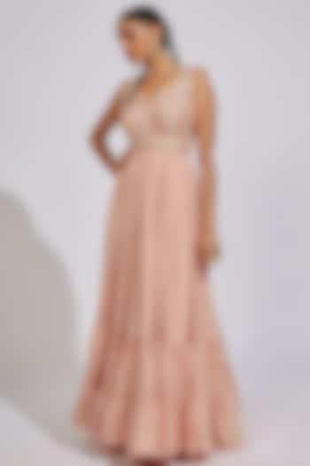 Peach Georgette Embellished Tiered Gown by Chamee and Palak