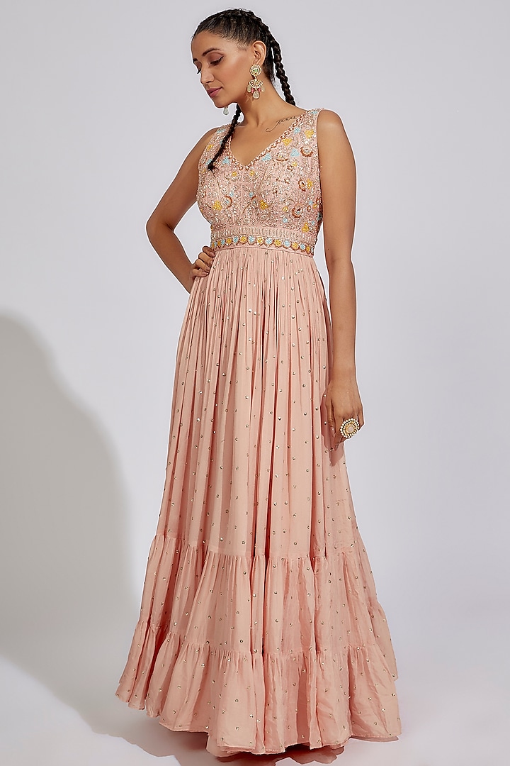 Peach Georgette Embellished Tiered Gown by Chamee and Palak