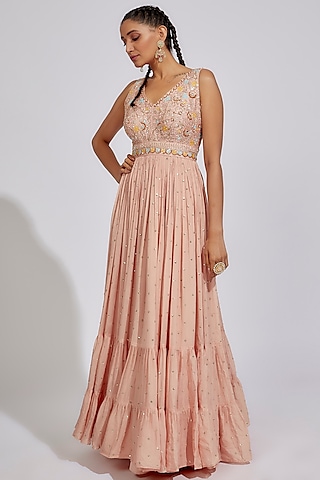Peach Georgette Embellished Tiered Gown by Chamee and Palak