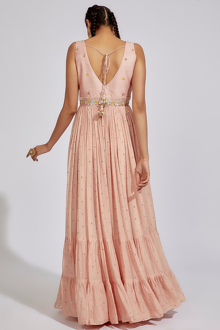 Peach Georgette Embellished Tiered Engagement Gown by Chamee and Palak at Pernia's Pop Up Shop