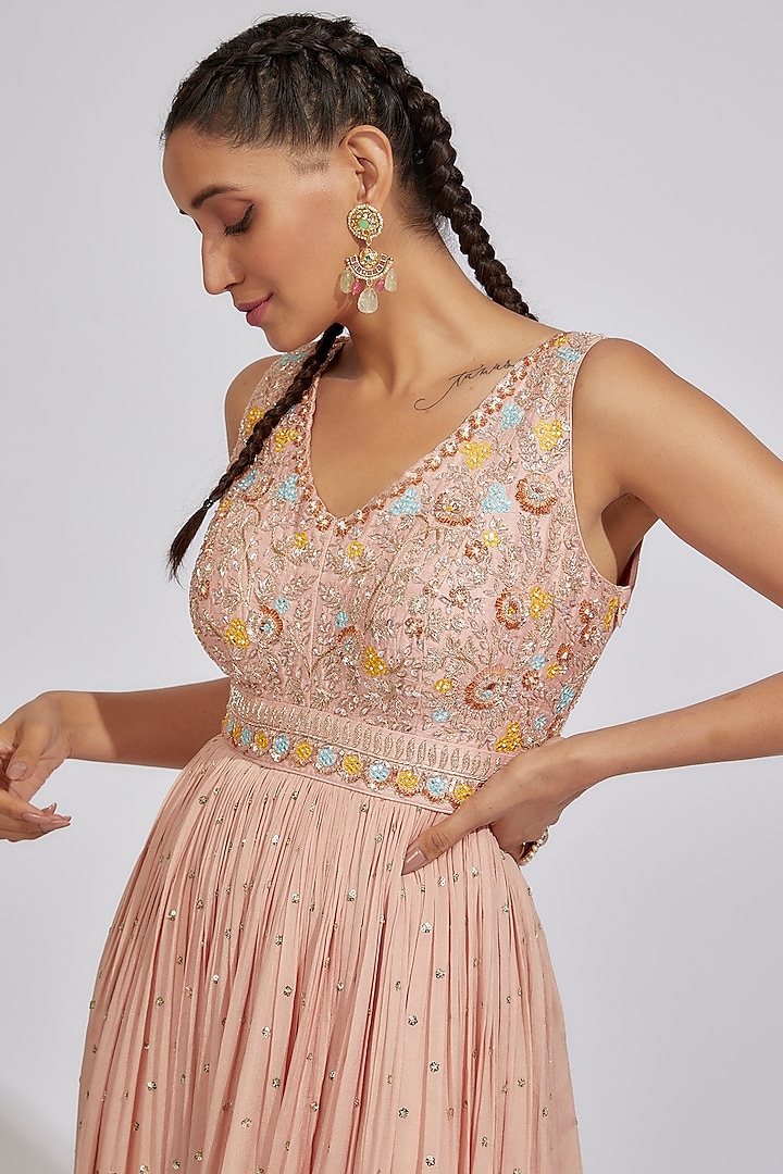 Peach Georgette Embellished Tiered Engagement Gown by Chamee and Palak at Pernia's Pop Up Shop