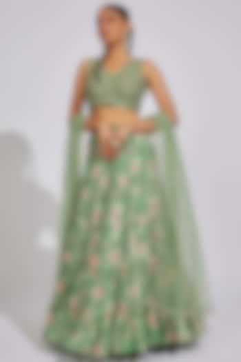 Green Georgette Floral Printed Wedding Lehenga Set by Chamee and Palak at Pernia's Pop Up Shop