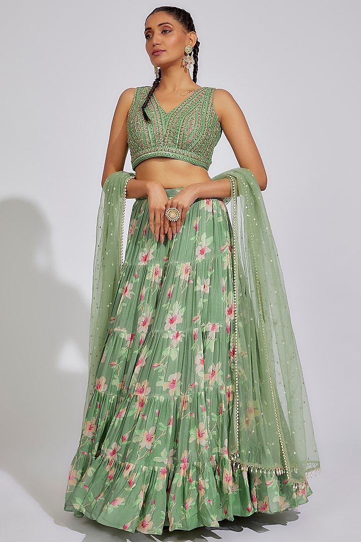 Green Georgette Floral Printed Lehenga Set Design by Chamee and Palak ...
