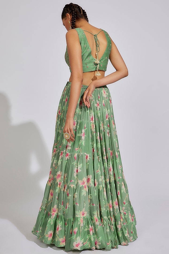 Green Georgette Floral Printed Wedding Lehenga Set by Chamee and Palak at Pernia's Pop Up Shop