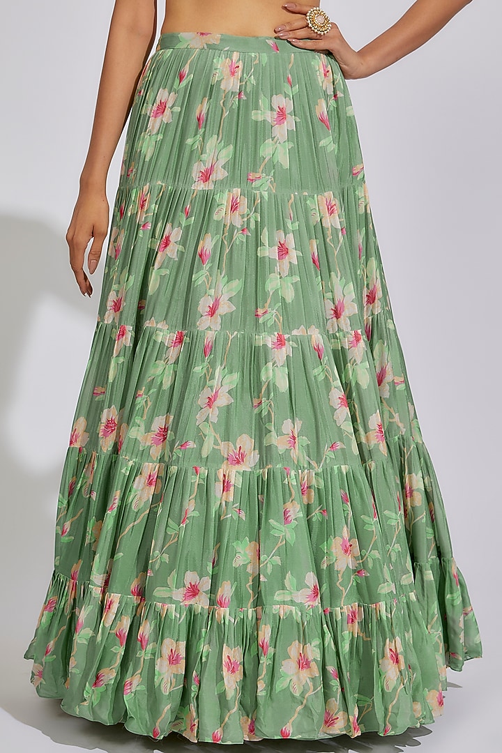 Green Georgette Floral Printed Wedding Lehenga Set by Chamee and Palak at Pernia's Pop Up Shop