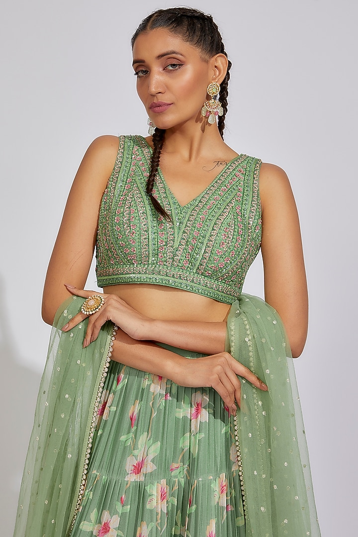 Green Georgette Floral Printed Wedding Lehenga Set by Chamee and Palak at Pernia's Pop Up Shop