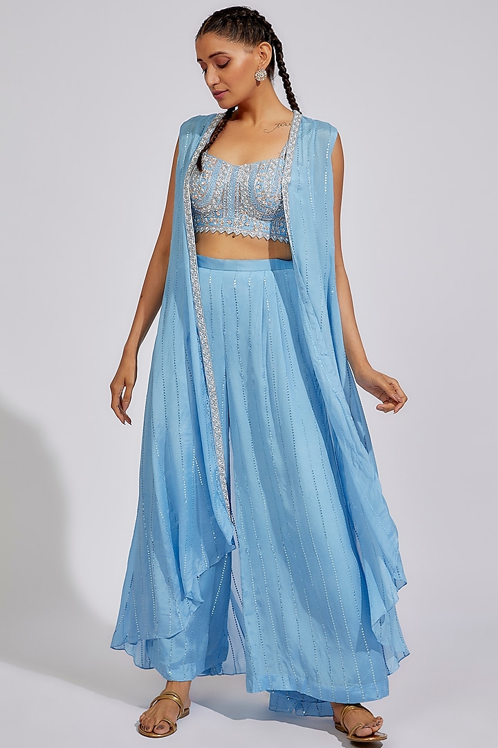 Hazel Blue Georgette Pant Set by Chamee and Palak