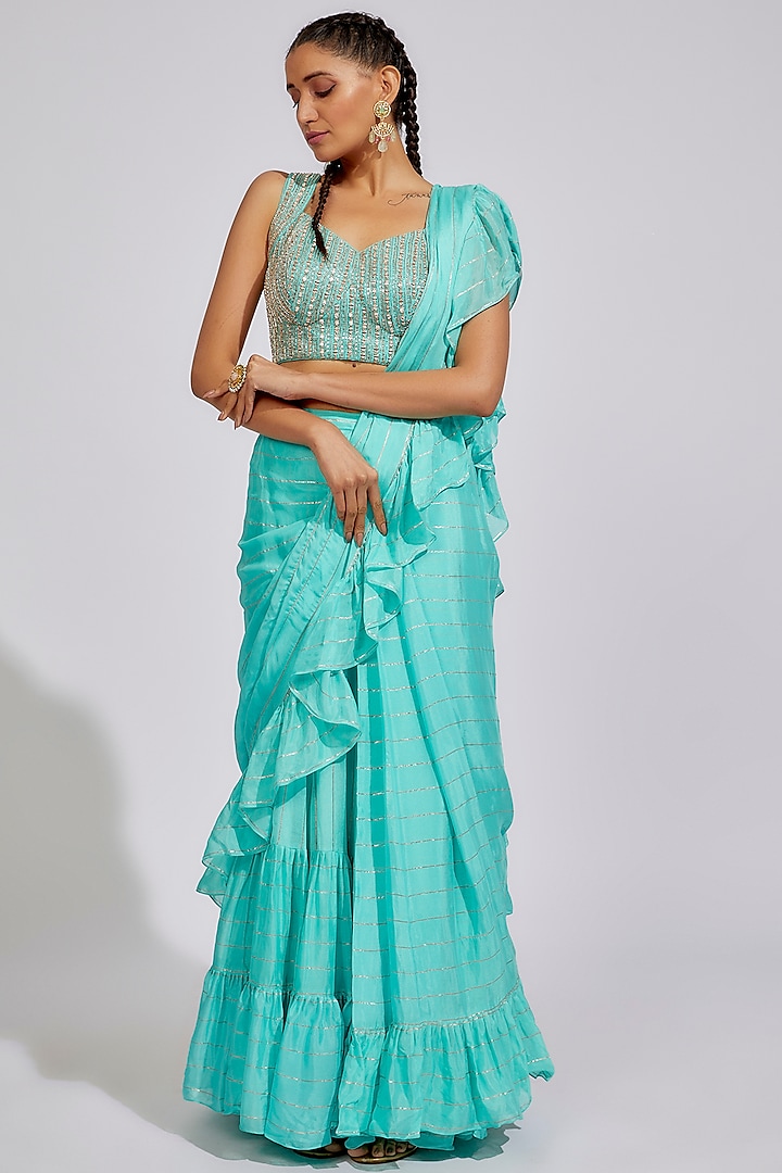 Blue Georgette Ruffled Saree Set by Chamee and Palak