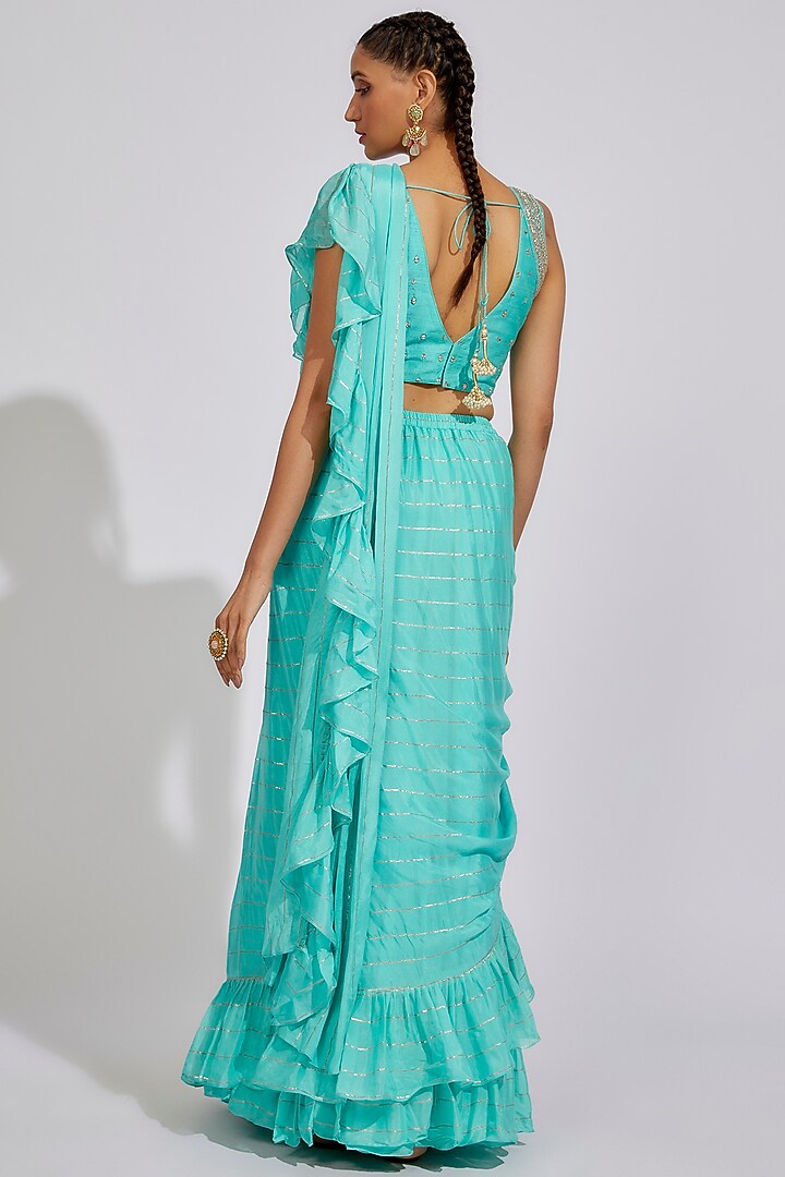 Blue Georgette Ruffled Wedding Saree Set by Chamee and Palak at Pernia's Pop Up Shop