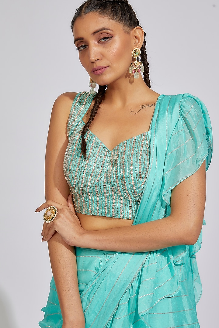 Blue Georgette Ruffled Wedding Saree Set by Chamee and Palak at Pernia's Pop Up Shop