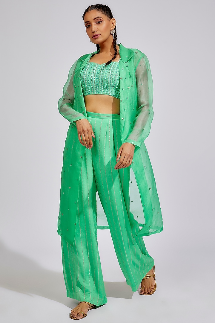 Sea Green Organza Embellished Jacket Set by Chamee and Palak