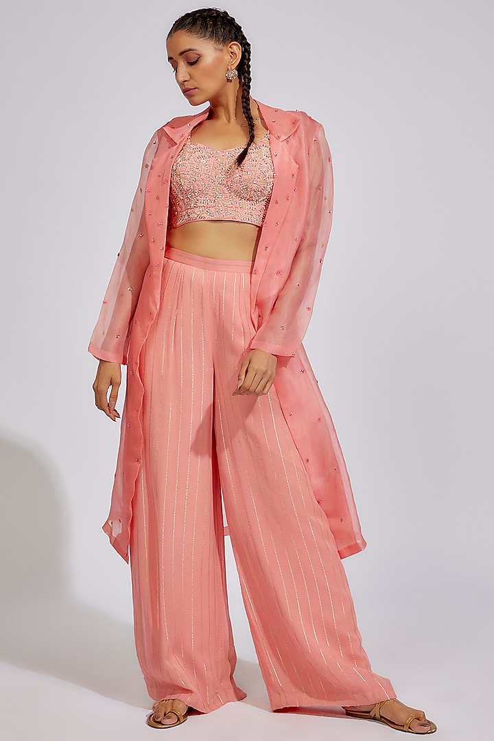 Peach Organza Embellished Jacket Set by Chamee and Palak