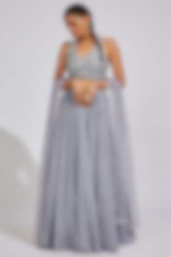Grey Georgette Ruched Wedding Lehenga Set by Chamee and Palak at Pernia's Pop Up Shop