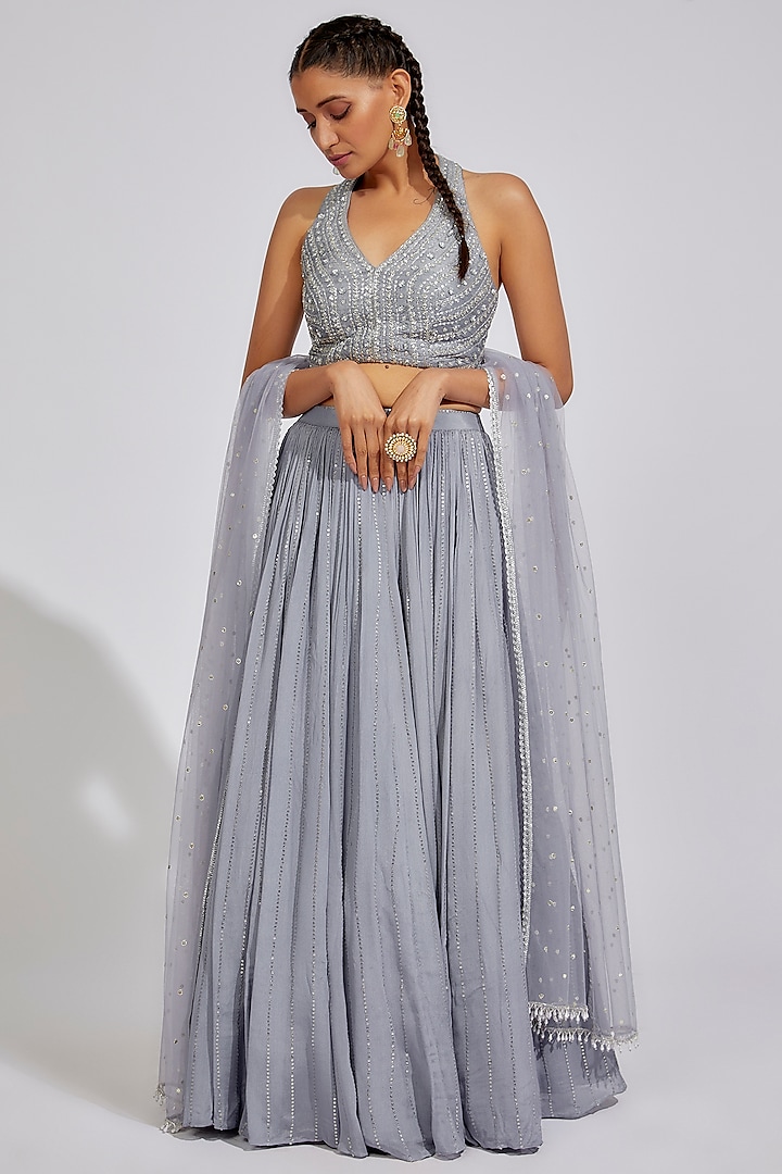 Grey Georgette Ruched Wedding Lehenga Set by Chamee and Palak at Pernia's Pop Up Shop