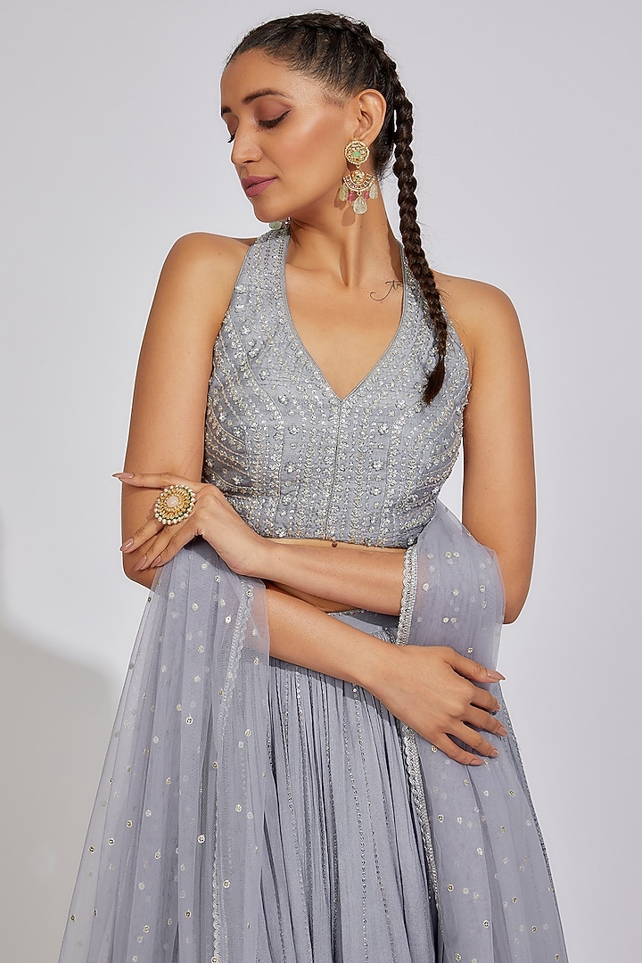 Grey Georgette Ruched Wedding Lehenga Set by Chamee and Palak at Pernia's Pop Up Shop