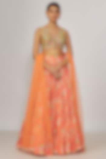 Orange Georgette & Silk Floral Printed Tiered Wedding Lehenga Set by Chamee and Palak at Pernia's Pop Up Shop