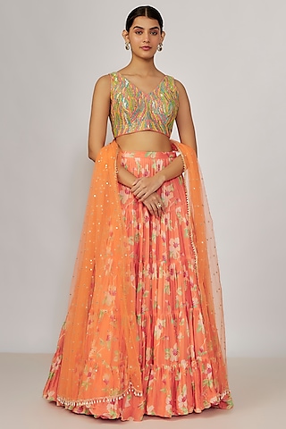 Orange Georgette & Silk Floral Printed Tiered Lehenga Set by Chamee and Palak