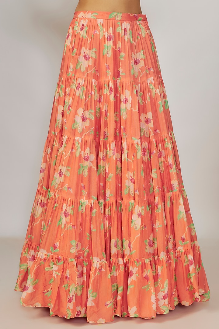 Orange Georgette & Silk Floral Printed Tiered Wedding Lehenga Set by Chamee and Palak at Pernia's Pop Up Shop