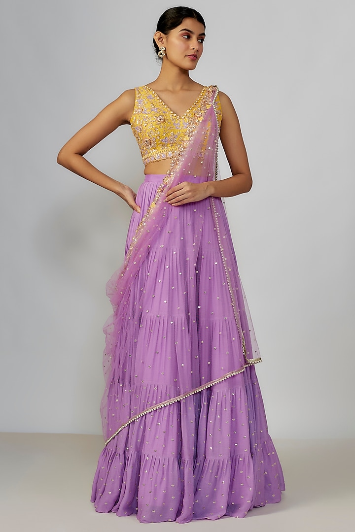 Lavender Georgette & Raw Silk Flared Lehenga Set by Chamee and Palak