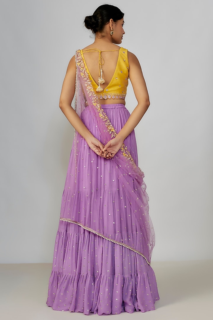 Lavender Georgette & Raw Silk Flared Wedding Lehenga Set by Chamee and Palak at Pernia's Pop Up Shop