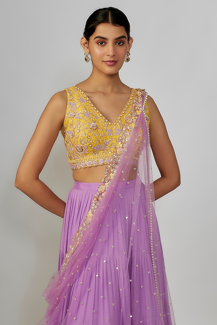 Lavender Georgette & Raw Silk Flared Wedding Lehenga Set by Chamee and Palak at Pernia's Pop Up Shop