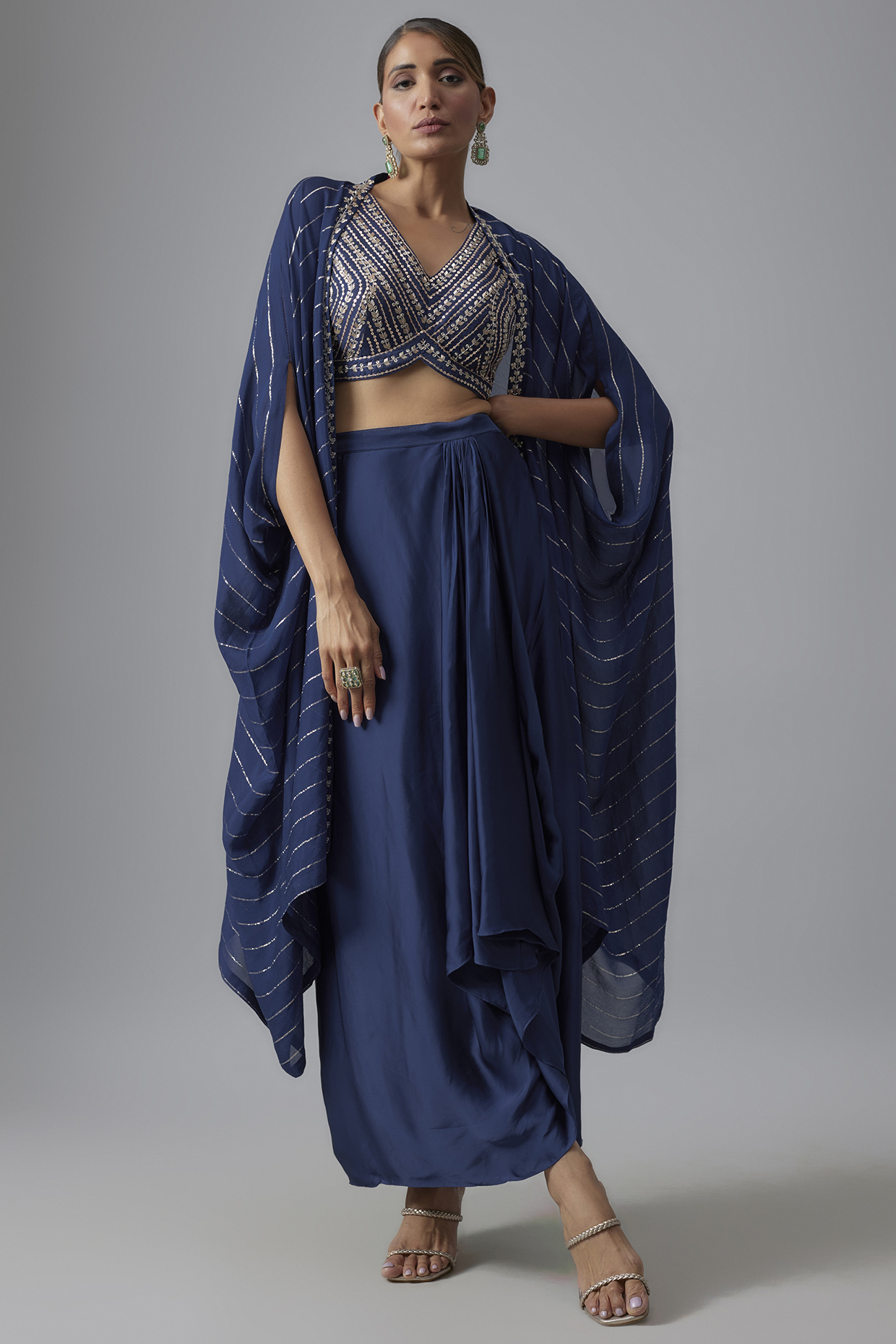 Blue Satin Draped Skirt Set by Chamee and Palak at Pernia's Pop Up Shop