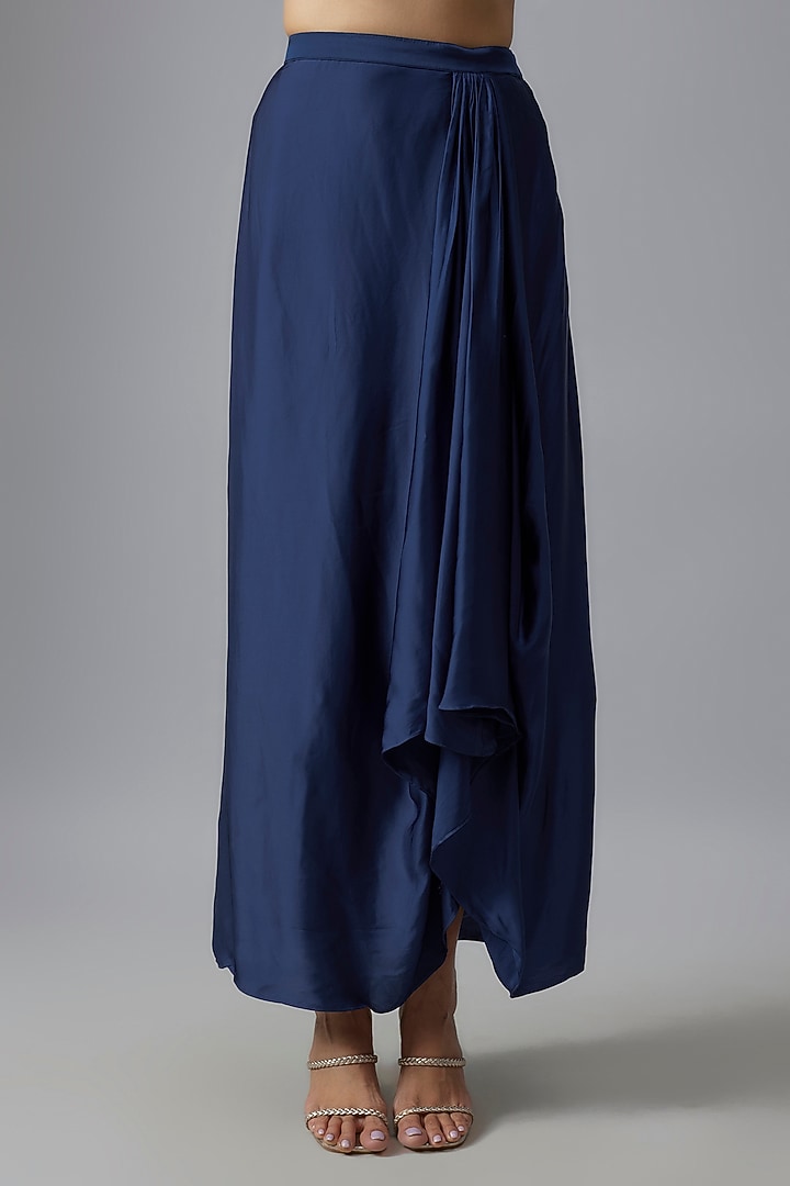 Blue Satin Draped Skirt Set by Chamee and Palak at Pernia's Pop Up Shop
