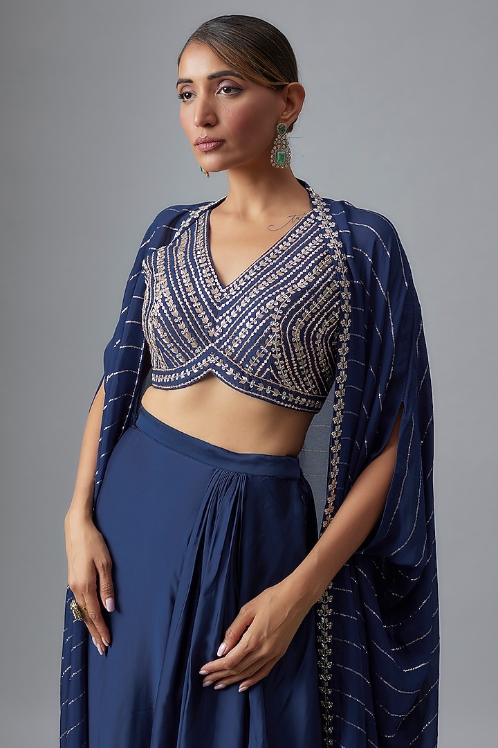 Blue Satin Draped Skirt Set by Chamee and Palak at Pernia's Pop Up Shop