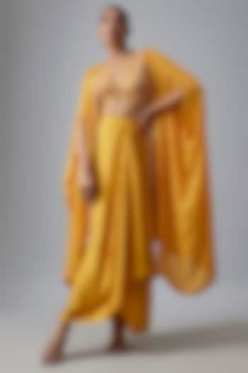 Yellow Satin Draped Skirt Set by Chamee and Palak at Pernia's Pop Up Shop