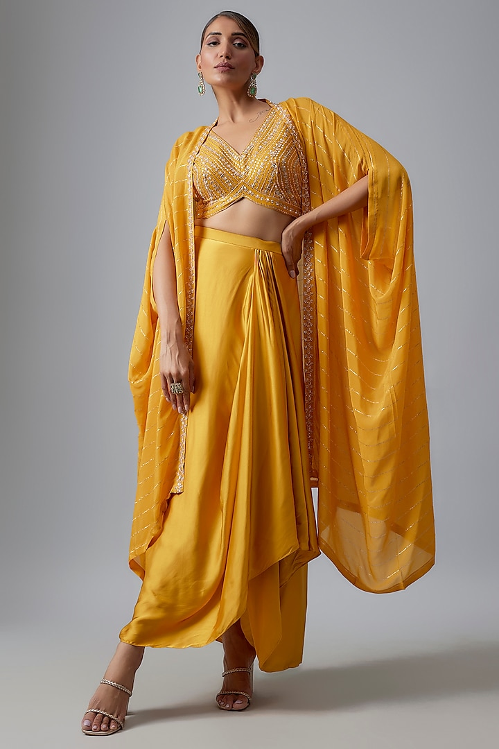 Yellow Satin Draped Skirt Set by Chamee and Palak at Pernia's Pop Up Shop