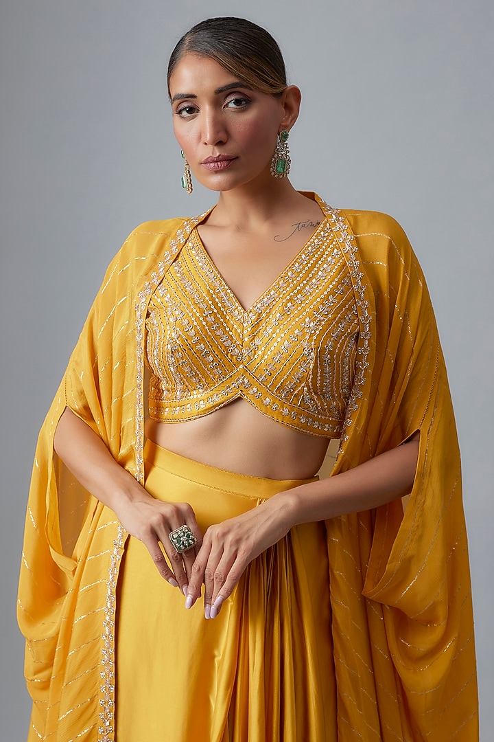Yellow Satin Draped Skirt Set by Chamee and Palak at Pernia's Pop Up Shop