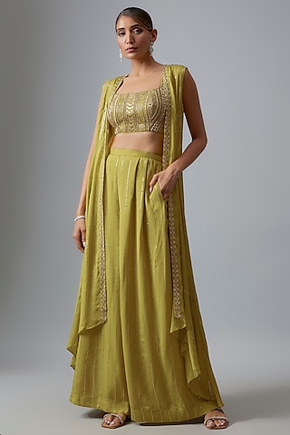 Lime Green Georgette Sequins Work Pant Set by Chamee and Palak