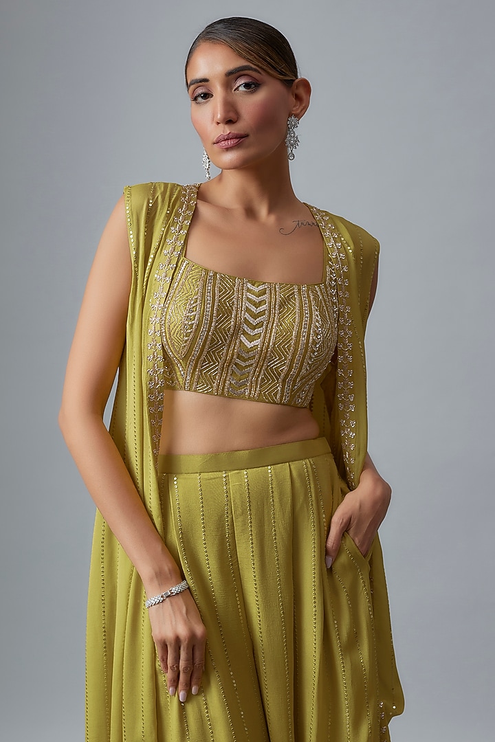 Lime Green Georgette Sequins Work Pant Set by Chamee and Palak at Pernia's Pop Up Shop
