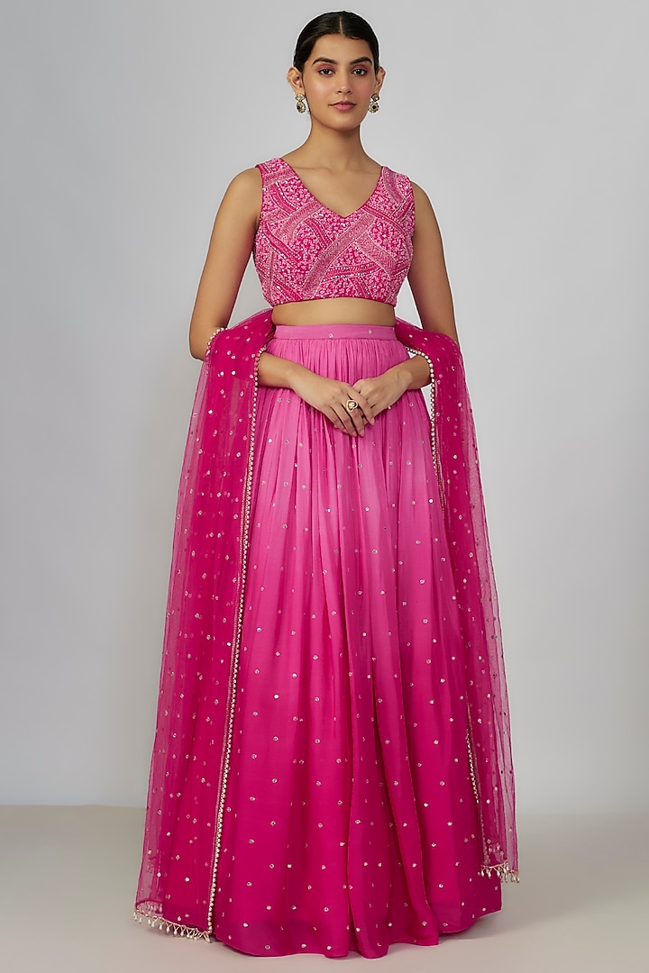 Pink Shaded Georgette Lehenga Set by Chamee and Palak