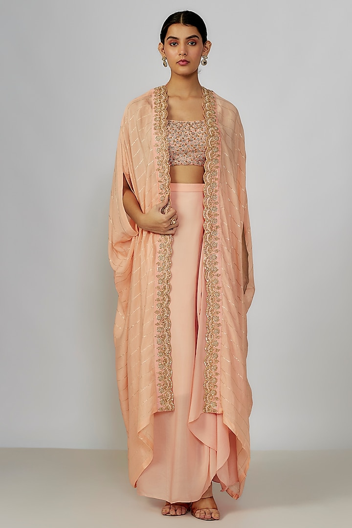 Peach Georgette & Raw Silk Draped Skirt Set by Chamee and Palak at Pernia's Pop Up Shop