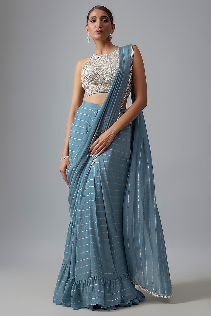 Blue Georgette & Raw Silk Pre-Draped Saree Set by Chamee and Palak at Pernia's Pop Up Shop