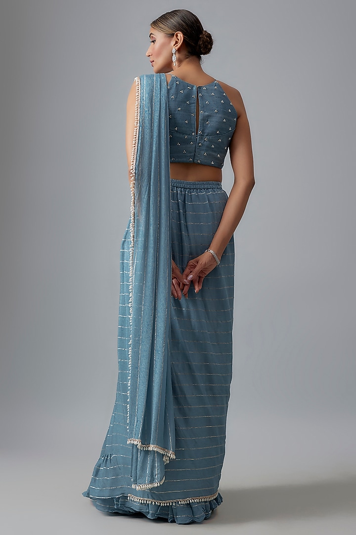 Blue Georgette & Raw Silk Pre-Draped Wedding Saree Set by Chamee and Palak at Pernia's Pop Up Shop