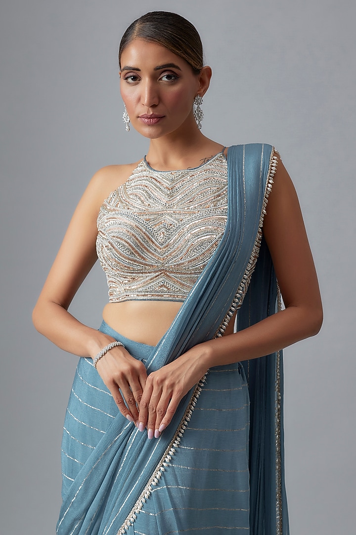 Blue Georgette & Raw Silk Pre-Draped Wedding Saree Set by Chamee and Palak at Pernia's Pop Up Shop