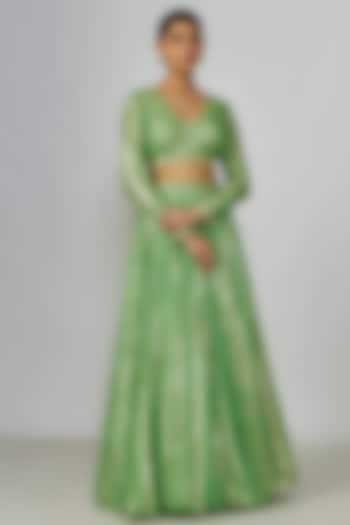 Green Georgette Flared Skirt Set by Chamee and Palak at Pernia's Pop Up Shop