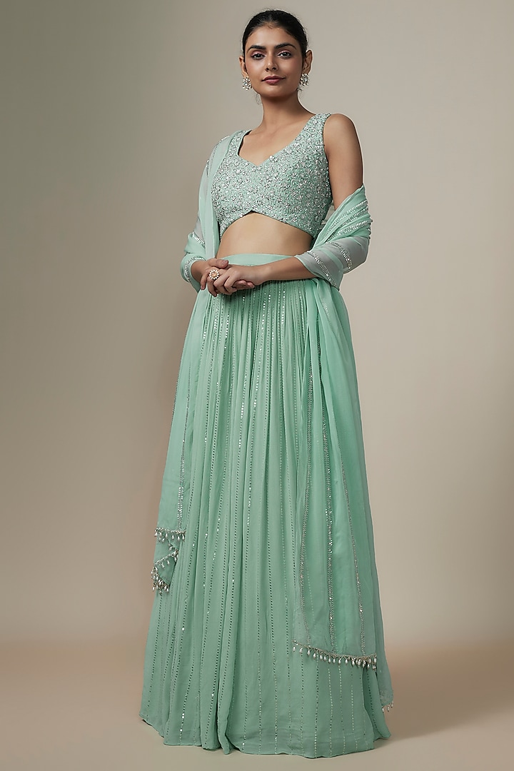 Sea Green Georgette Sequins Work Wedding Lehenga Set by Chamee and Palak at Pernia's Pop Up Shop