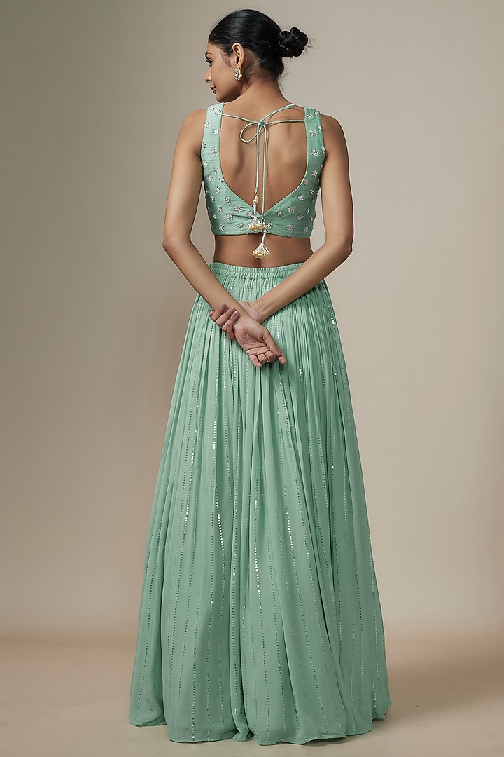 Sea Green Georgette Sequins Work Wedding Lehenga Set by Chamee and Palak at Pernia's Pop Up Shop