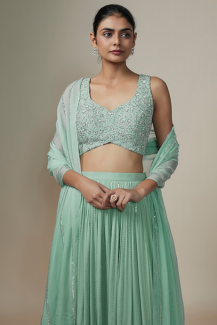 Sea Green Georgette Sequins Work Wedding Lehenga Set by Chamee and Palak at Pernia's Pop Up Shop