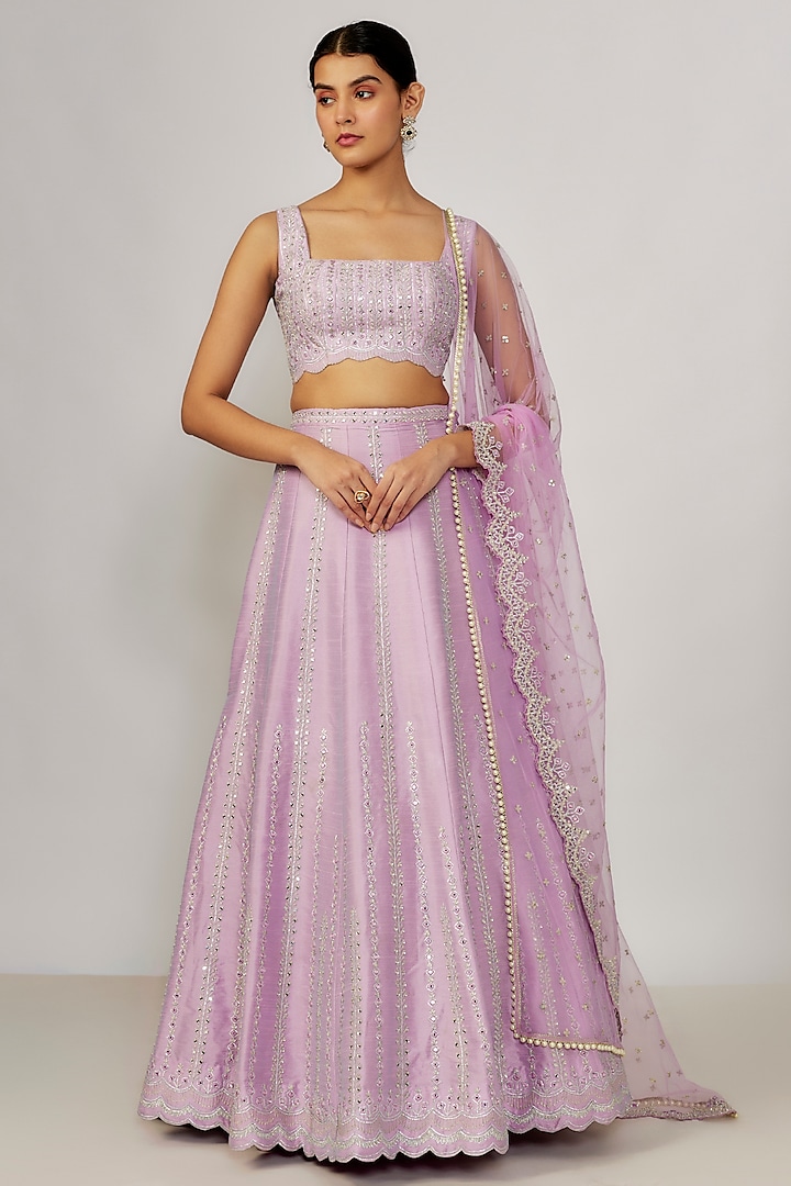 Lavender Dupion Silk Mirror Embroidered Lehenga Set by Chamee and Palak