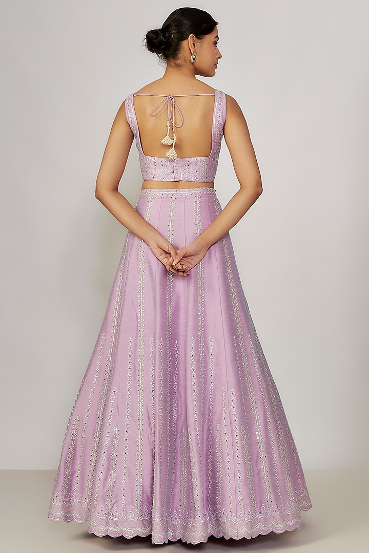 Lavender Dupion Silk Mirror Embroidered Wedding Lehenga Set by Chamee and Palak at Pernia's Pop Up Shop